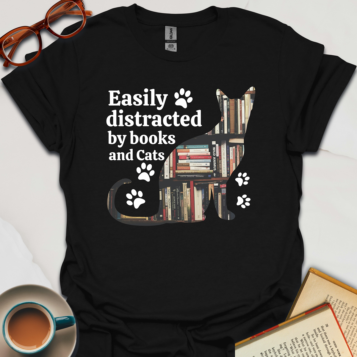 Easily Distracted By Books And Cats T-Shirt