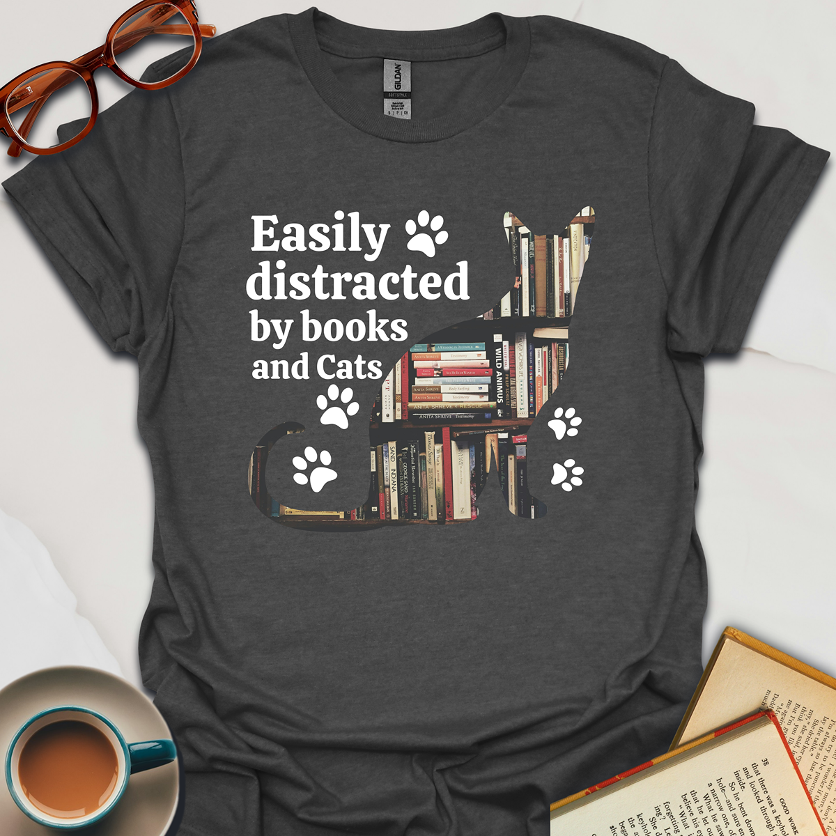 Easily Distracted By Books And Cats T-Shirt