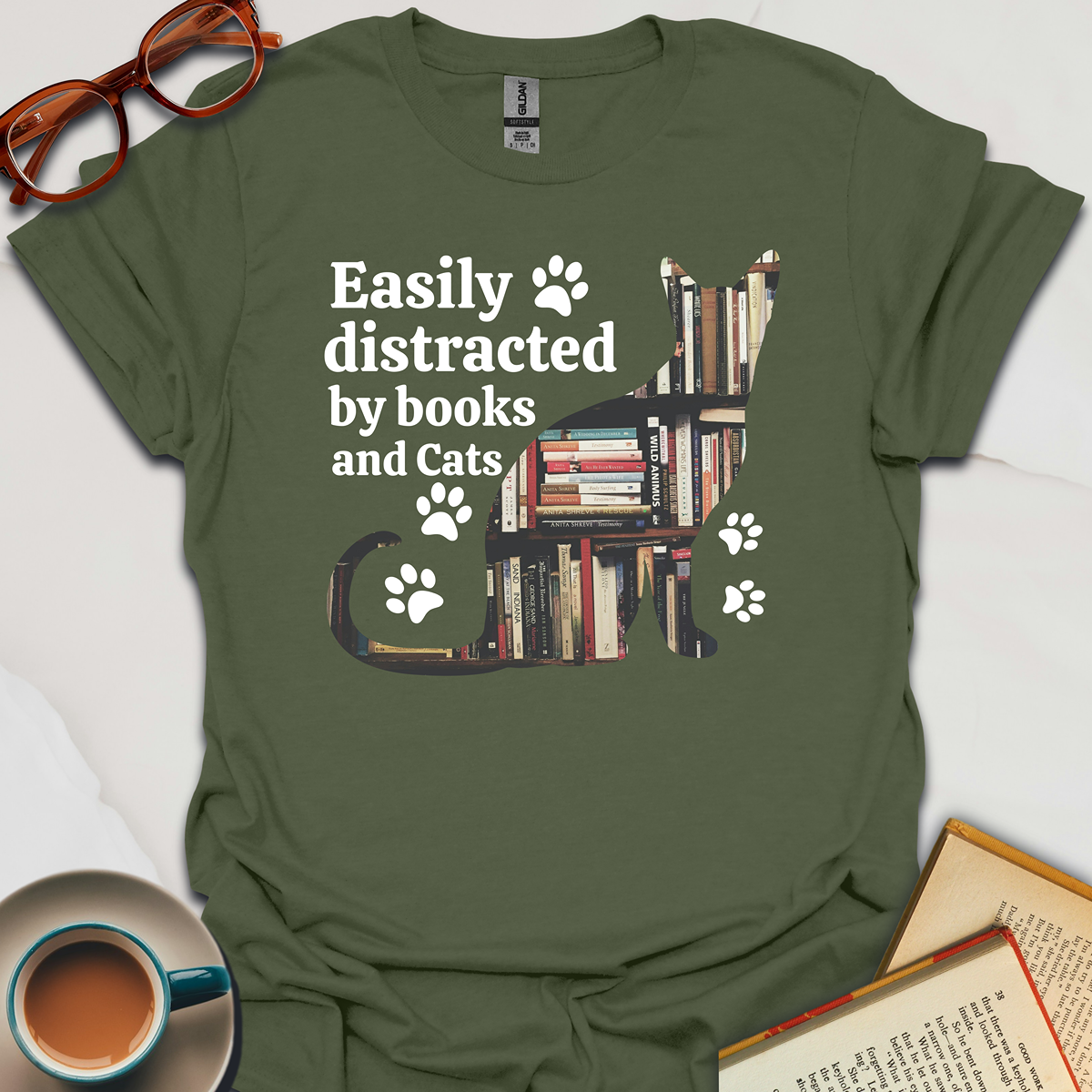 Easily Distracted By Books And Cats T-Shirt